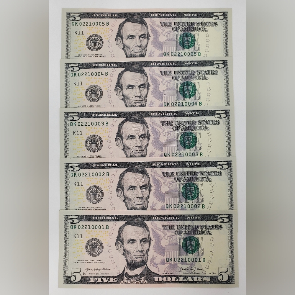 ●FIVE● $5 Bills ☆UNCIRCULATED ☆SEQUENTIAL☆ ♧LUCKY♧ Bank Notes Series 2021 DALLAS